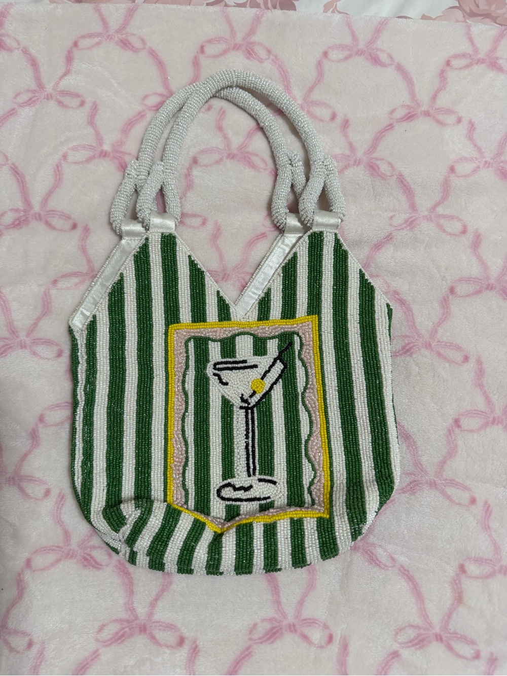 Beaded Green & White Striped Cocktail Tote